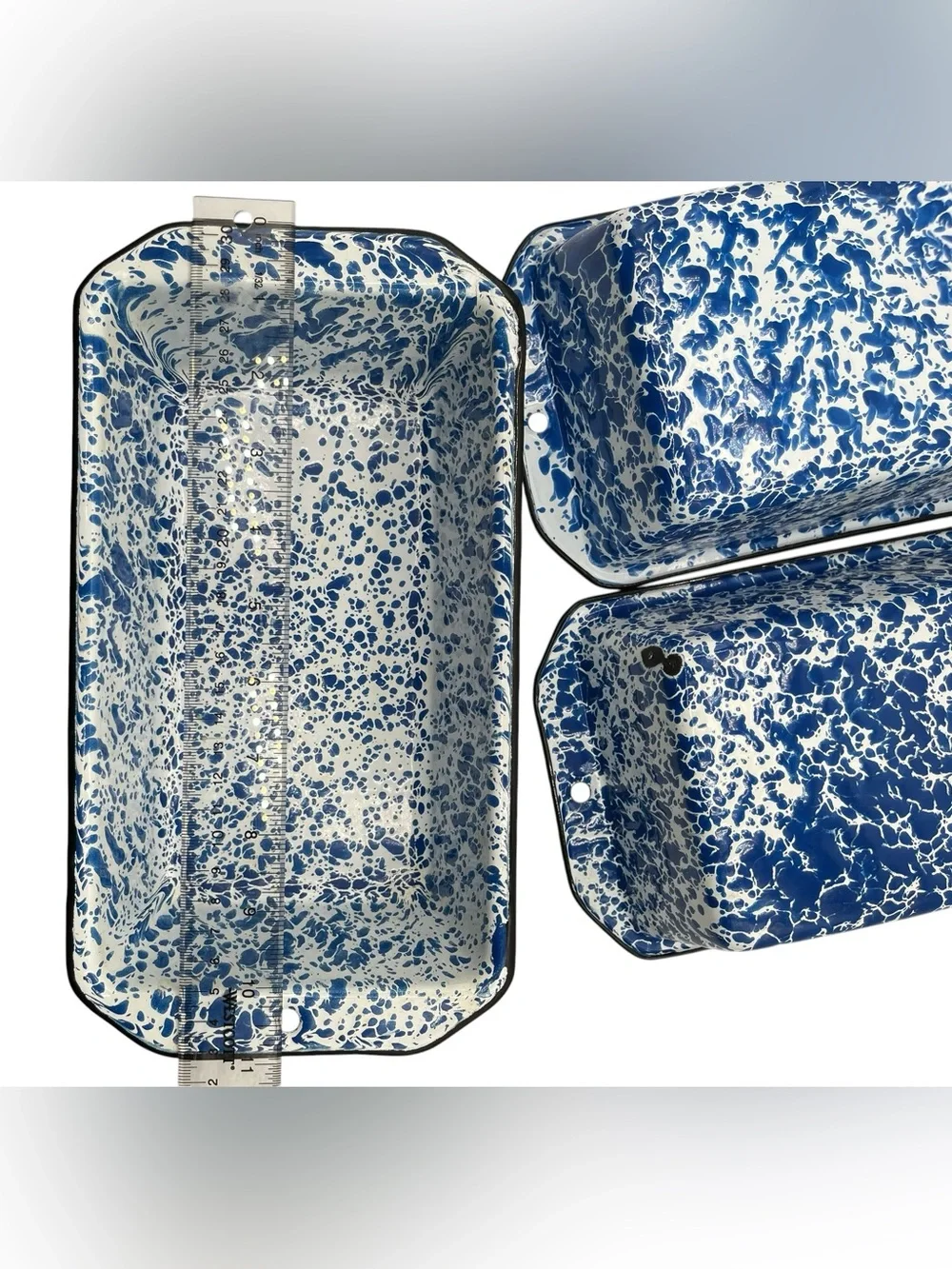3 Vintage Enamelware Baking Loaf Pans Blue White Splatter CGS International